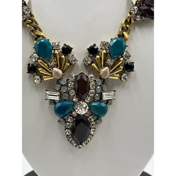 J. Crew Vintage Art Deco Blue Brown Rhinestone Stacked Statement Necklace - Picture 3 of 10